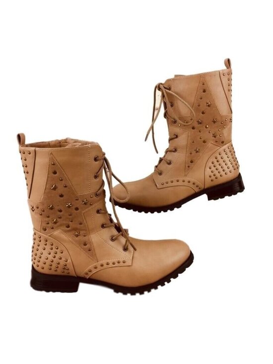 Gia Mia Shoes - Gia Mia Boot Size 10 Womens Combat Star Studs Tan Natural
